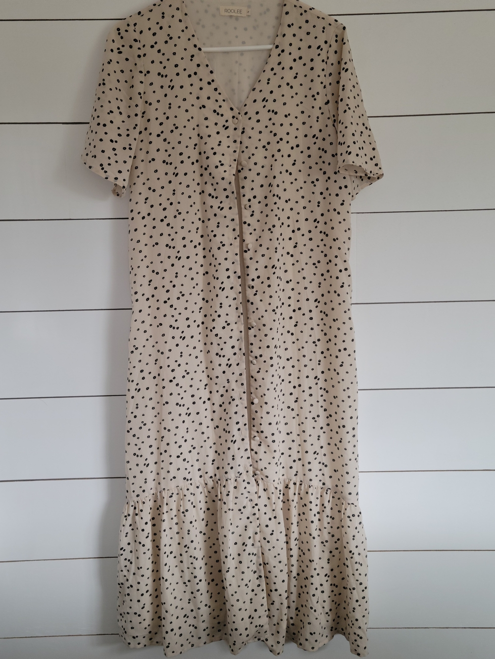 Roolee Cream Dress With Black Flowers, Button Up V-Neck  Dress Large